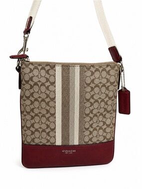 Coach mini Khaki Signature Canvas Crossbody with Red Trim